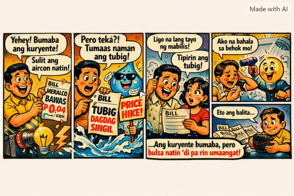 Singil sa kuryente bumaba; may dagdag sa tubig